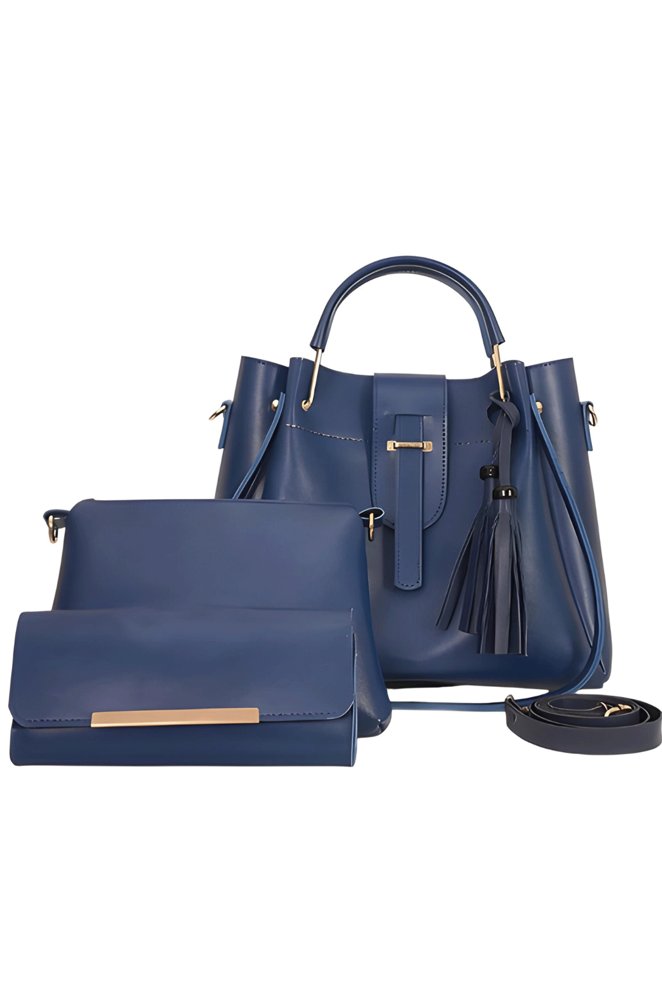 Blue handbag set with tote and clutch