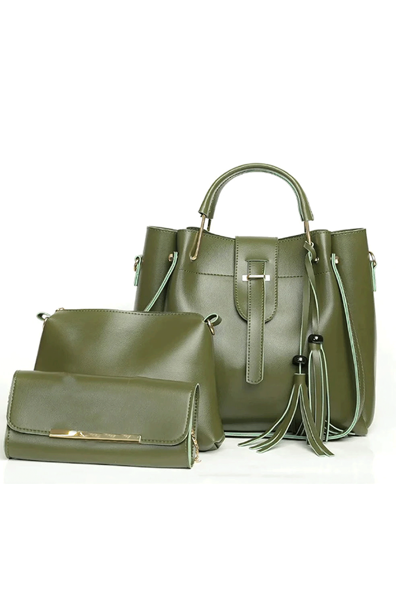 Olive handbag set with tote and clutch