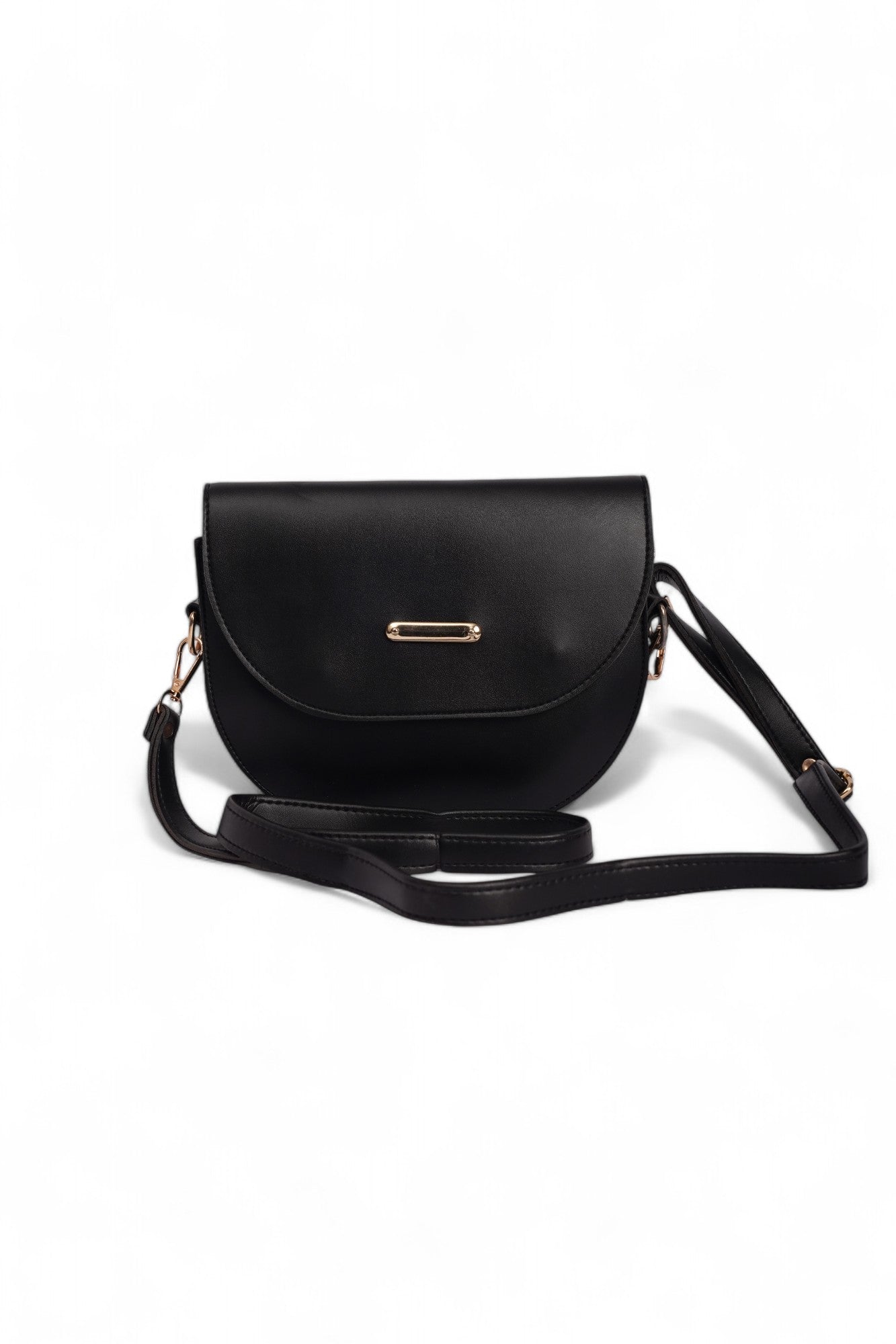 Black shoulder bag with flap closure