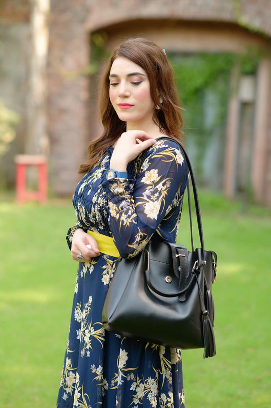 Stylish black tote, shoulder, and clutch bag
