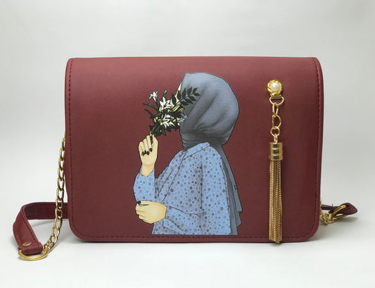 maroon bloom-inspired bag for hijab fashion