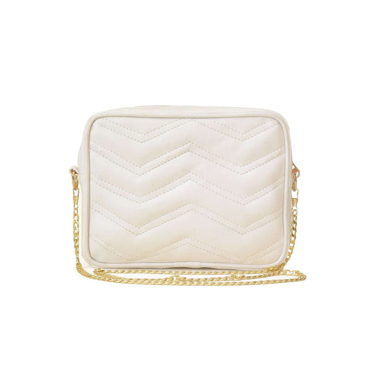 White quilted shoulder bag with gold chain strap