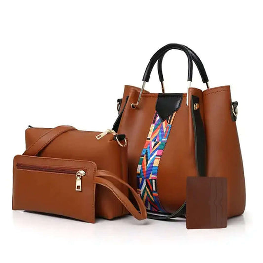 4 in 1 brown handbag set with multi-colour strap