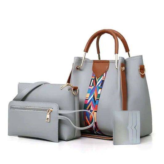 4 in 1 grey handbag set with multi-colour strap