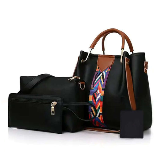 4 in 1 black handbag set with multi-colour strap